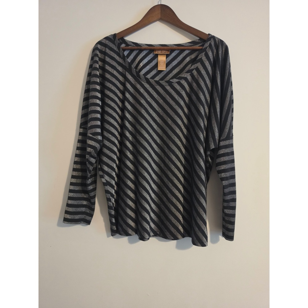 Miss Tina Knowles Top Womens XL/2X Black Silver Metallic Striped Batwing Blouse
